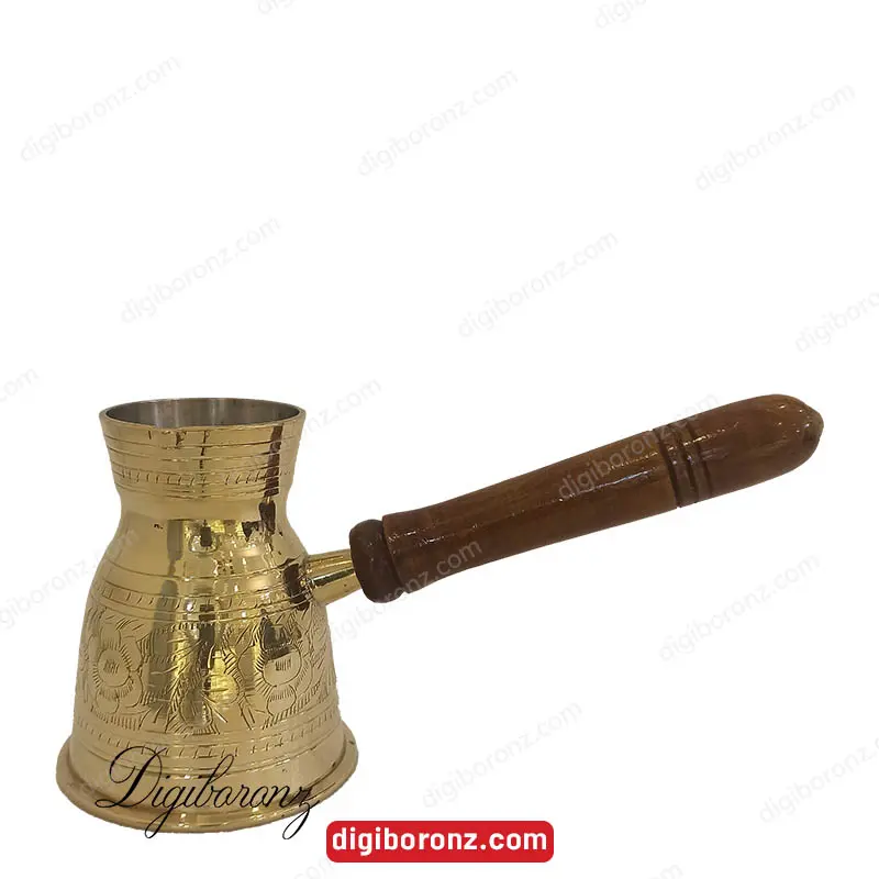 قهوه جوش برنجی برنزی مدل دسته چوبی قلم زنی بدون درسایز 400 سی سی